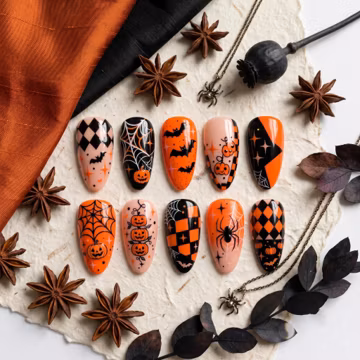 Halloween Press On Nails Spooky Pumpkin Spider Web Fake Nails Orange Black Gothic Bat Harlequin Glue On Nails Almond False Nails Set
