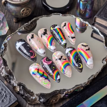 Rainbow Goth Press On Nails, Whimsigoth Celestial Bat False Nails, Cute Spooky Rainbow Nails, Glitter Night Sky Moon Glue On Nails