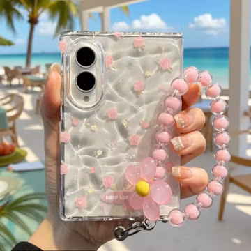 Pink Floral Clear Case for Samsung Galaxy Z Fold 8 Wide with Bead Chain