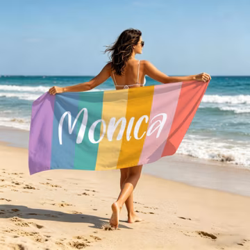 Custom Rainbow Striped Beach Towel, Personalized Name, 10 Color Styles, Boho Striped Design, Pool & Vacation Gift
