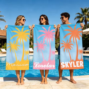 Custom Palm Tree Beach Towel, Personalized Name, 10 Style Colors, Tropical Vacation Towel, Pool & Beach Gift