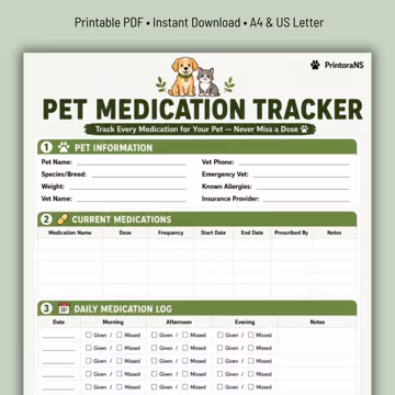 Pet Medication Tracker Printable PDF, Pet Medicine Log, Dog Cat Medication Record, Pet Health Tracker, Pet Owner Gift