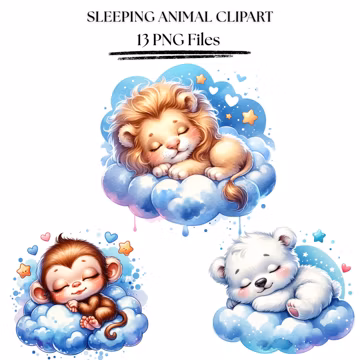 Sleeping Baby Animal Clipart PNG Bundle | Dreamy Cloud Nursery Graphics Digital Download