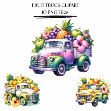 Summer Fruit Truck Clipart PNG Bundle | Vintage Pickup & Tropical Produce | Farm Market Digital Download