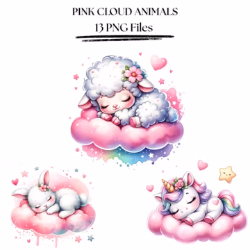 Sleeping Baby Animals Clipart | Pink Clouds, Nursery Art (Digital Download)