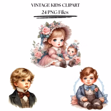Vintage Kids Clipart PNG Bundle | Victorian Children & Antique Baby Portraits | Classic Design Digital Download