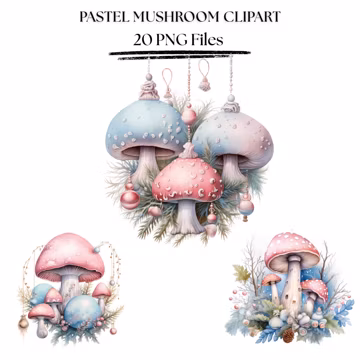 Pastel Mushroom Clipart PNG Bundle | Winter Fantasy Forest Graphics | Christmas Illustration Download