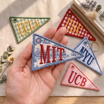 Personalized Embroidered Gingham Pennant Bag Charm, Custom Name Keychain, Preppy Backpack Tag