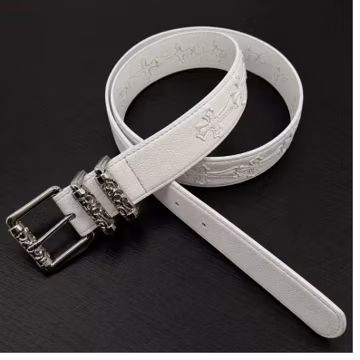 White Embossed Cross Leather Belt with Silver Buckle – Premium Gothic Style Statement Accessory