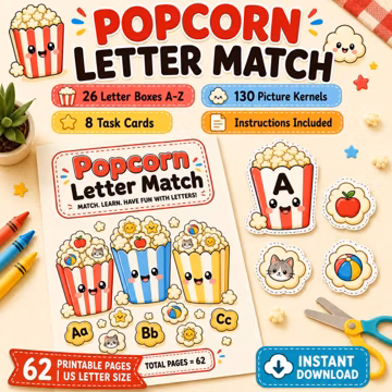 Popcorn Letter Match Alphabet Game, Preschool ABC Learning Busy Box, Toddler Letter Sound Matching Montessori Fine Motor Task Box Homeschool