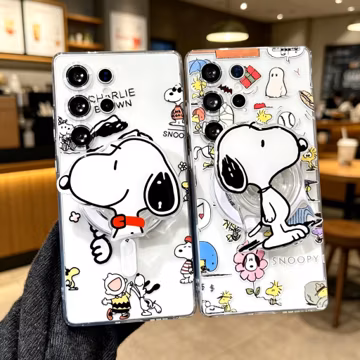 Cute Magnetic Stand Snoopy Phone Case for Samsung S26 Ultra S25 S24 S23 S22 S21 A56 A36 A15 A14, Cartoon Clear Cover with Wrist Strap