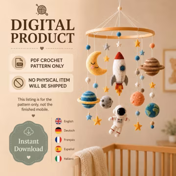 Space Baby Mobile Crochet Pattern PDF, Amigurumi Rocket Astronaut Planet Nursery Decor, Digital DIY Gift in 5 Languages