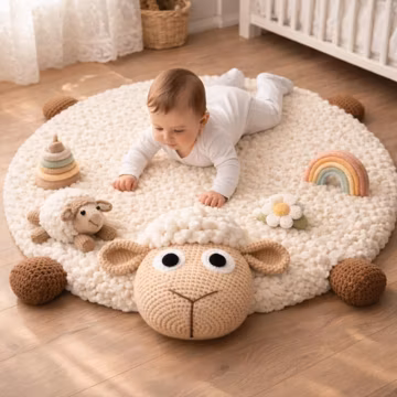Handmade Crochet Sheep Baby Play Mat, Soft Nursery Rug, Tummy Time Floor Mat