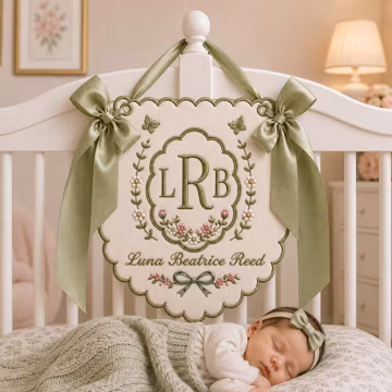 Embroidered Baby Name Banner, Custom Monogram Nursery Pennant, Hospital Door Announcement, Personalized Newborn Nursery Decor Gift