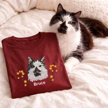 Custom Embroidered Pet T Shirt, Personalized Dog Cat Portrait Tee, Up to 3 Pets Floral Design with Custom Name Gift