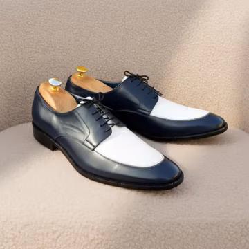 Men's Two Tone Derby Shoes Navy White Leather, Handmade Lace Up Dress Shoes, Split Toe Formal Shoes, Wedding Groom Shoes