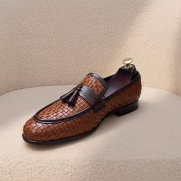 Handmade Woven Leather Tassel Loafers • Brown Braided Slip-On Shoes for Men • Luxury Designer Dress Loafers • Custom Handmade Footwear
