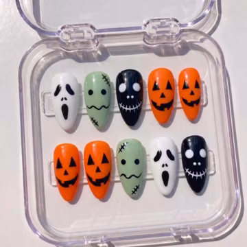 Halloween Press On Nails: Spooky Pumpkin & Ghost Nail Art, Hand Painted Frankenstein