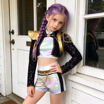 Girl Cosplay Dress Set, Performance Outfit | Demon Hunter Rumi Golden Costume for Birthday Party