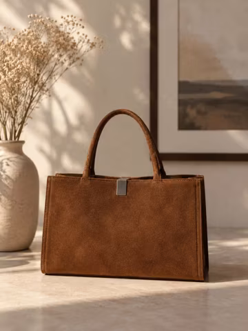 Suede Handbag, Genuine Leather Top Handle Tote, Minimal Classic Shoulder Bag