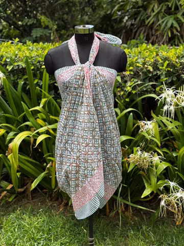Handmade Indian Block Print Cotton Sarong, Floral Beach Cover Up, Boho Pareo Wrap, Lightweight Resort Wear for Women
