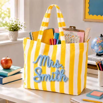Personalized Teacher Striped Tote Bag, Embroidered School Canvas Bag, Custom Name Teacher Appreciation Gift, Back to School Gift for Teacher
