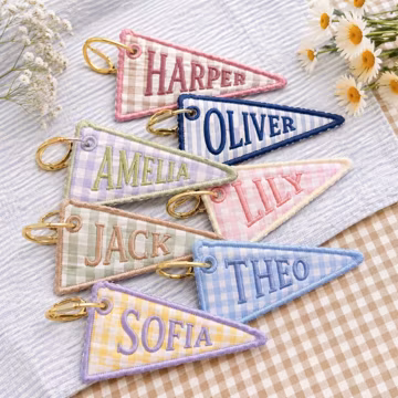 Personalized Embroidered Gingham Bag Charm, Custom Name Pennant Keychain, Backpack Tag, Sorority Gift, Preppy Accessory, Big Little Gift