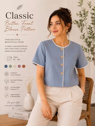 Classic Button Front Blouse Sewing Pattern PDF | Women's Short Sleeve Top Pattern | Beginner DIY Shirt | XS-3XL | Instant Download