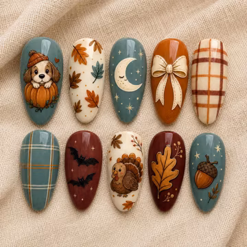 Fall Press On Nails, Cute Puppy Pumpkin Nail Set, Thanksgiving Turkey Nails, Teal Burgundy Plaid Long Almond Fake Nails