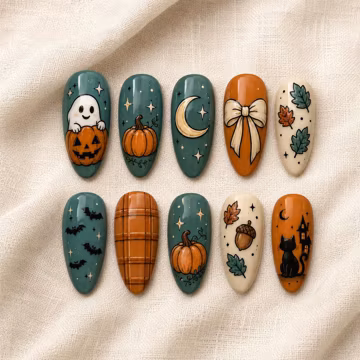 Halloween Press On Nails, Cute Ghost Pumpkin Nail Set, Teal Orange Fall Nails, Black Cat Moon Long Almond Fake Nails