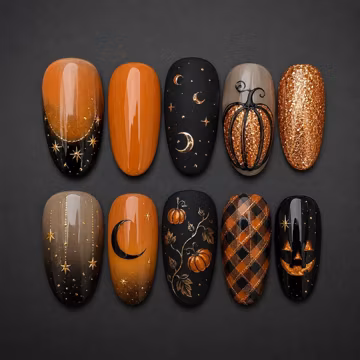 Halloween Press On Nails, Orange Black Pumpkin Nail Set, Copper Glitter Fall Nails, Celestial Moon Fake Nails