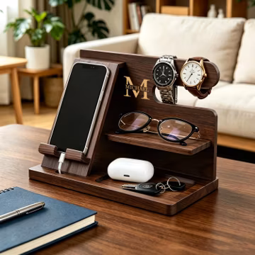 Personalized Wood Docking Station: Engraved Desk Organizer, Phone Stand, Gifts for Men, Father's Day Gift