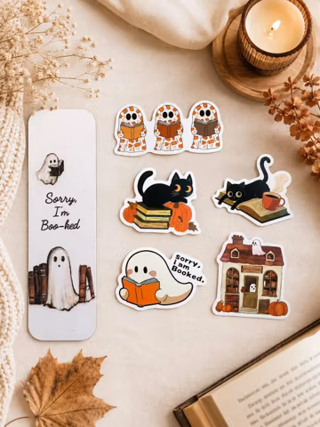 Halloween Sticker Set Bookmark Pack Vinyl Decal Waterproof Adhesive Die Cut Ghost Pumpkin Black Cat Book Lover Reading Gift Bookworm Fan