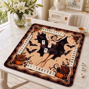 Halloween Pin Up Mahjong Mat, Gothic Retro Bat Girl Game Table Mat, Vintage Spooky Pumpkin Art Card Game Playmat, Unique Mahjong Gift