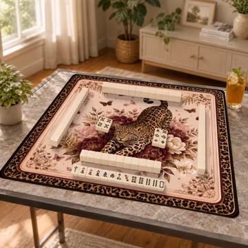 Elegant Leopard Mahjong Mat With Peonies, Bohemian Animal Print Table Cover, Decorative Game Night Accessory, Unique Home Gift For Gamers