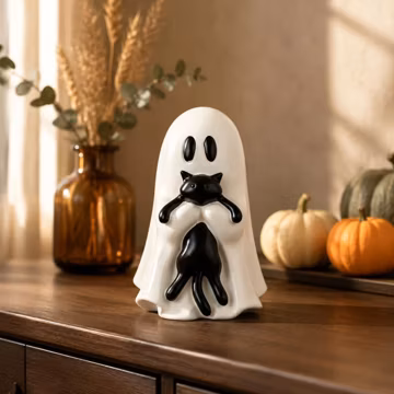 Ghost Hugging Black Cat Figurine,Spooky Gothic Desktop Home Decor,Mini Ghost & Black Cat Resin Ornament,Halloween Gift for Cat Lovers