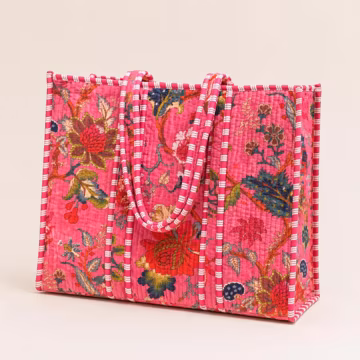 Handmade Quilted velvet Tote Bag, Pink Floral Tote Bag, Block Print Shoulder Bag, Large Everyday Tote, Travel Carryall, Gift for Her
