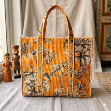 Yellow Jungle Print Quilted ToteBag–Handmade Cotton Shoulder Bag–Safari Animal Print Large Tote–Indian Block Print Everyday Bag–Gift for Her