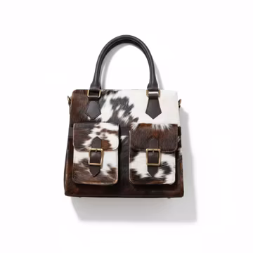Cowhide Leather Tote Bag, Hair On Hide Purse, Brown White Leather Shoulder Bag, Handmade Western Tote