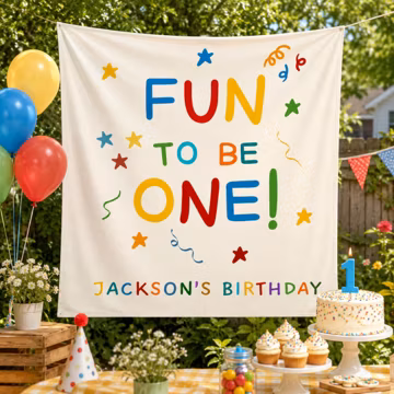 Personalized 1st Birthday Backdrop, Fun to Be One Party Banner, Custom Name Photo Booth Decor for Baby Boy or Girl First Birthday
