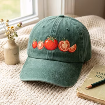 Washed Cotton Cap with Embroidered Tomatoes – Garden Style Headwear
