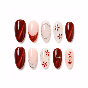 Kpop Inspired Press On Nails / Red Cat Eye Long Almond Nails / Floral Chrome 3D Fake Nails / Fandom Gift / Handmade Nail Set