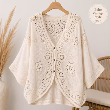 Boho Crochet Lace Cardigan, Vintage Floral Kimono Cover Up, Oversized Summer Jacket