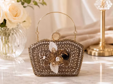 Luxury Gold Crystal Evening Clutch, Black Floral Bridal Purse, Rhinestone Formal Handbag