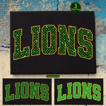 Lions Glitter PNG Green Gold Lions Shirt Design Varsity School Spirit Sublimation