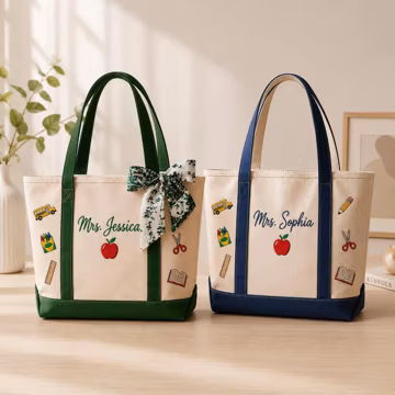 Custom Embroidered Teacher Tote Bag, Personalized School Icons Canvas Bag, Custom Name Teacher Appreciation Gift, Back to School Gifts