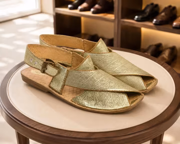 Men’s Handmade Gold Leather Sandals, Open Toe Slingback Shoes, Peshawari Footwear
