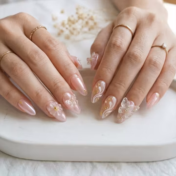3D Butterfly Flower Press On Nails: Japanese Wedding, Pearl Shimmer Almond Shape