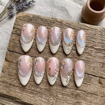 Rustic Garden Press on Nails - Almond Cat Eye French - 2D Pearl Illusion & Floral Art - Elegant Cottagecore Spring False Nails
