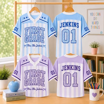 Personalized Teacher Baseball Jersey, Custom Grade Jersey, Gingham Varsity Teacher Shirt, First Grade Teacher Gift, Back to School Teacher